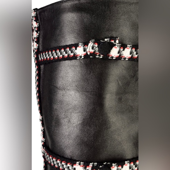 💯Vintage CHANEL Black Lambskin Leather Tweed Heel Thigh High Boots - Picture 4 of 8